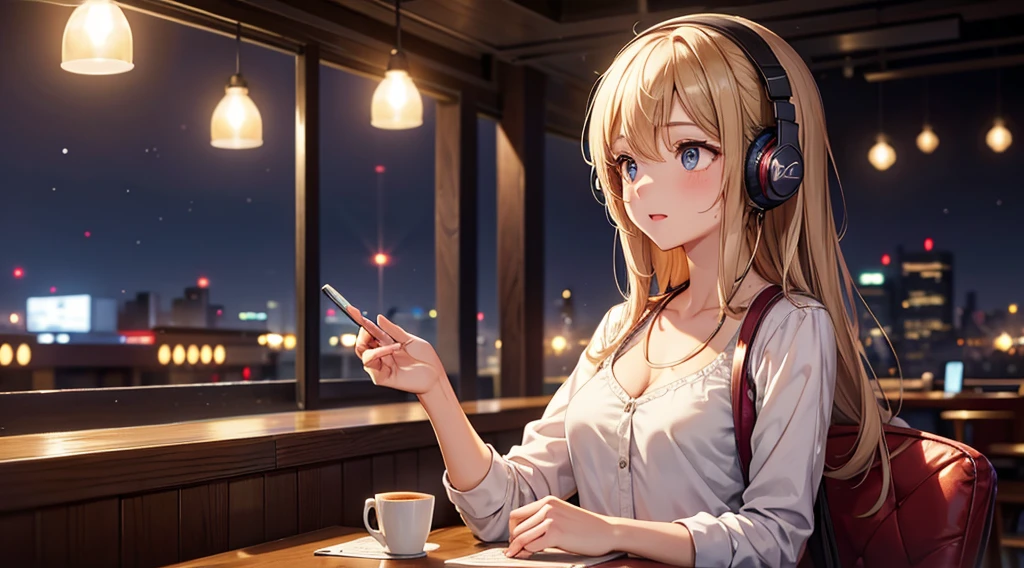 Girl with headphones enjoying music in a cafe　I am studying　Emphasize a little bit of the chest Night Background