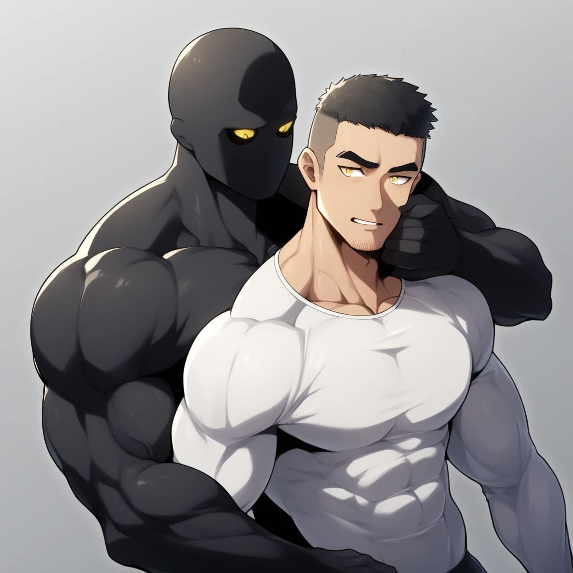 anime characters:Two superheroes in tights, Muscle Sports Student and Muscle No Face skinhead superhero, No Face,negro black skin, They hugged and kissed each other, Bite your neck, Caress, Manliness, male focus, Yellow and black high collar long sleeve tight T-shirt, Slightly transparent material, Very tight, Round, full and perky chest muscles, Muscle waist, Slightly transparent, muscular male, muscular, only, Upper body, alone, Black short hair, Thick eyebrows, stubble, Yellow eyes, Grey background, simple background, amazing quality, best aesthetics, Ridiculous, bright pupils, crew cut, parted lips, seductive smile, torogao, naughty face, drop shadow, best quality