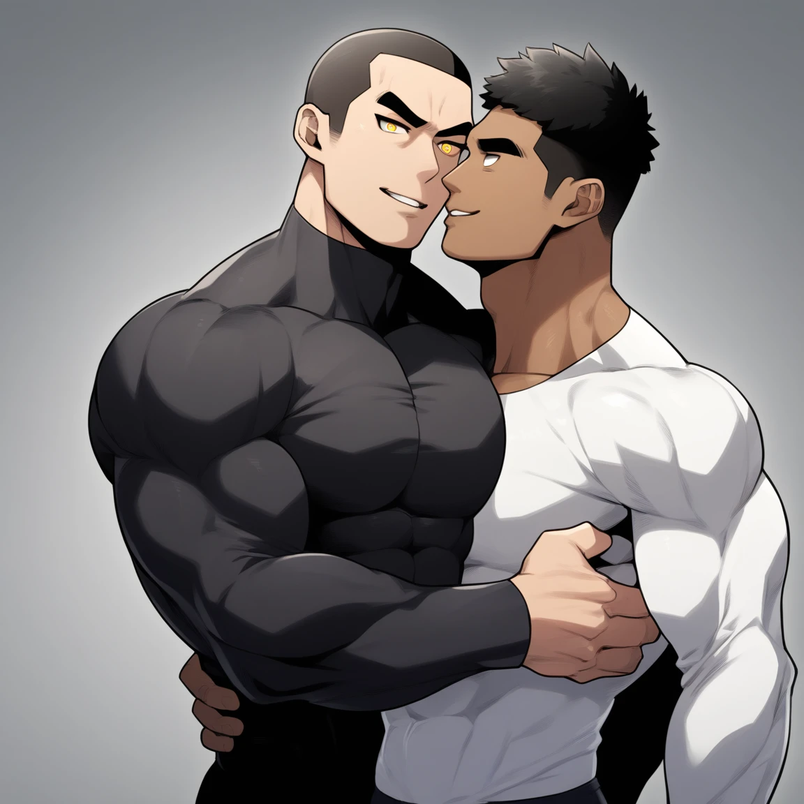 anime characters:Two superheroes in tights, Muscle Sports Student and Muscle No Face skinhead superhero, No Face,negro black skin, They hugged and kissed each other, Bite your neck, Caress, Manliness, male focus, Yellow and black high collar long sleeve tight T-shirt, Slightly transparent material, Very tight, Round, full and perky chest muscles, Muscle waist, Slightly transparent, muscular male, muscular, only, Upper body, alone, Black short hair, Thick eyebrows, stubble, Yellow eyes, Grey background, simple background, amazing quality, best aesthetics, Ridiculous, bright pupils, crew cut, parted lips, seductive smile, torogao, naughty face, drop shadow, best quality