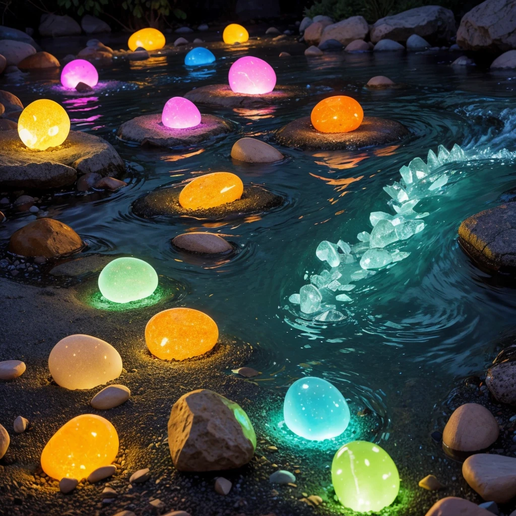 Glowing Pebbles，The stone has chip texture and hieroglyphics，crystal clear stream