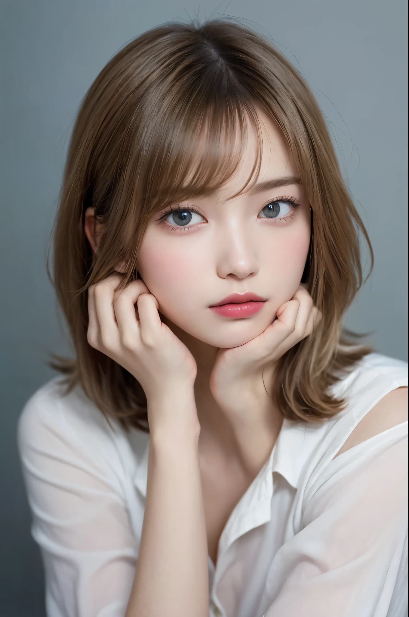 Highly detailed digital illustration of a young woman with long flowing blonde hair and pale blue eyes。She is depicted in a close-up portrait.、He is wearing an oversized white shirt that hangs loosely on his shoulders.、Partially unbuttoned to reveal a bit of chest area。The expression is calm and quiet、The eyes gaze softly into the distance。The lighting is soft and uniform、It highlights the smooth texture of the skin and the delicate features of the face.。Eyebrows are light and finely shaped、Lips are slightly parted and have a natural pink hue。The background is a plain light grey、It contrasts gently with her light hair and clothing.。The pose is relaxed、With both arms raised above the head and hands lightly touching the top of the head、It has a casual and relaxed atmosphere。The overall aesthetic is minimal and modern.、The focus is on the mysterious beauty of the characters and the tranquil atmosphere.。
