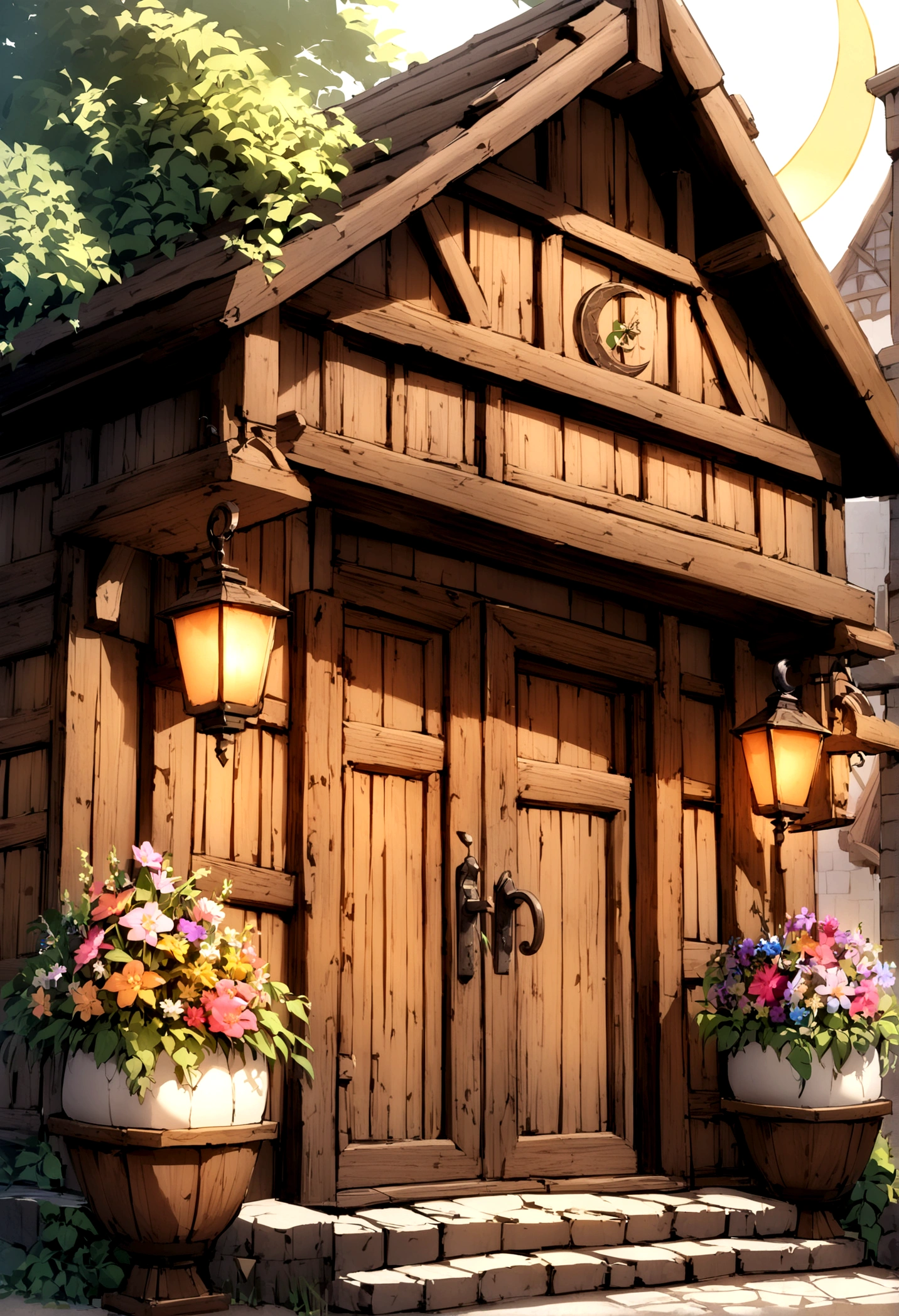 Medieval inn, a construction made of robust wood and stone, its walls are adorned with flowering vines that intertwine in natural patterns. The thatched roof with its gently sloping edges, complements the rustic and traditional style of architecture. Large wooden-framed windows allow natural light to flood the interiors, enchanted lanterns cast a soft, warm glow around the main entrance. The front porch is decorated with colorful flower pots and wooden benches. The inn's sign, carved in wood and hanging over the door, features the name "Lua Serena" in elegant letters with a drawing of a crescent moon and stars around it.