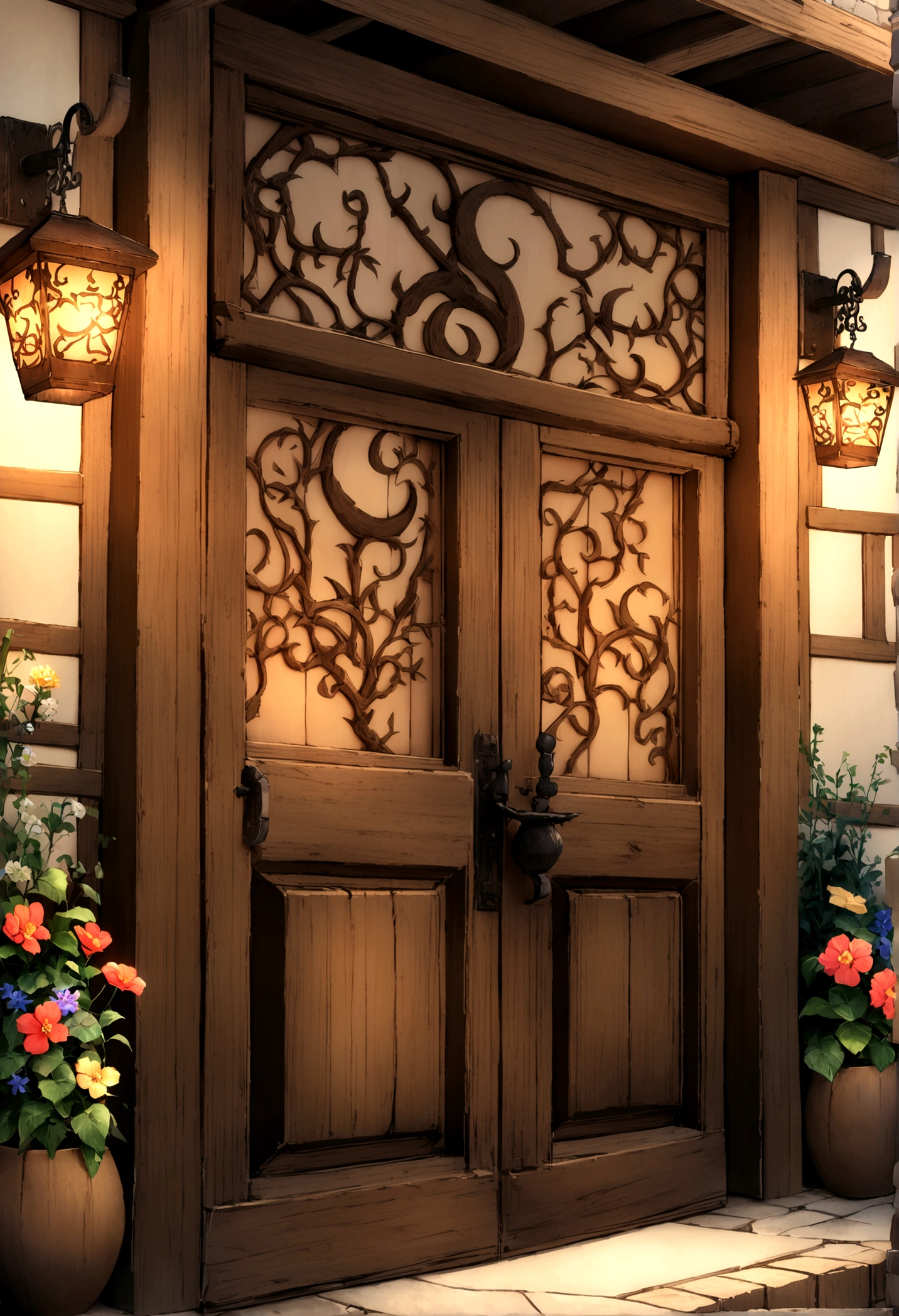 Medieval inn, a construction made of robust wood and stone, its walls are adorned with flowering vines that intertwine in natural patterns. The thatched roof with its gently sloping edges, complements the rustic and traditional style of architecture. Large wooden-framed windows allow natural light to flood the interiors, enchanted lanterns cast a soft, warm glow around the main entrance. The front porch is decorated with colorful flower pots and wooden benches. The inn's sign, carved in wood and hanging over the door, features the name "Lua Serena" in elegant letters with a drawing of a crescent moon and stars around it.