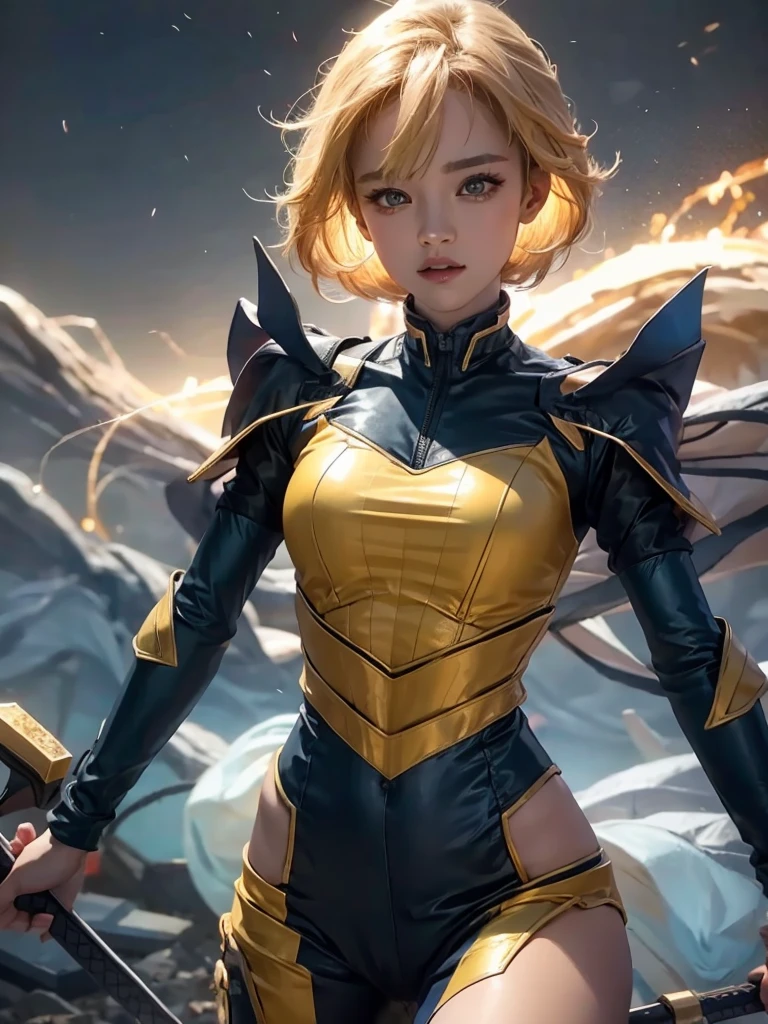 a powerful thunder ranger with a beautiful face, small breasts, wearing a tight suit, with yellow hair, wielding alien weapons, against a dramatic thunder backdrop, ultra-detailed, 8k, highly realistic, cinematic lighting, dramatic colors