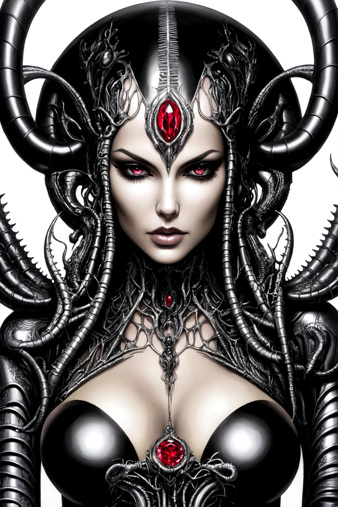 Create an image of Stunningly gorgeous beautiful perfect hr giger tattooed sexy seductive demonic hrgiger, Stunningly gorgeous perfect flawless sexy face, hyper detailed neon ruby ornaments, large firm breasts, full body view, nude, no color black and gray only, image off set by 20%,