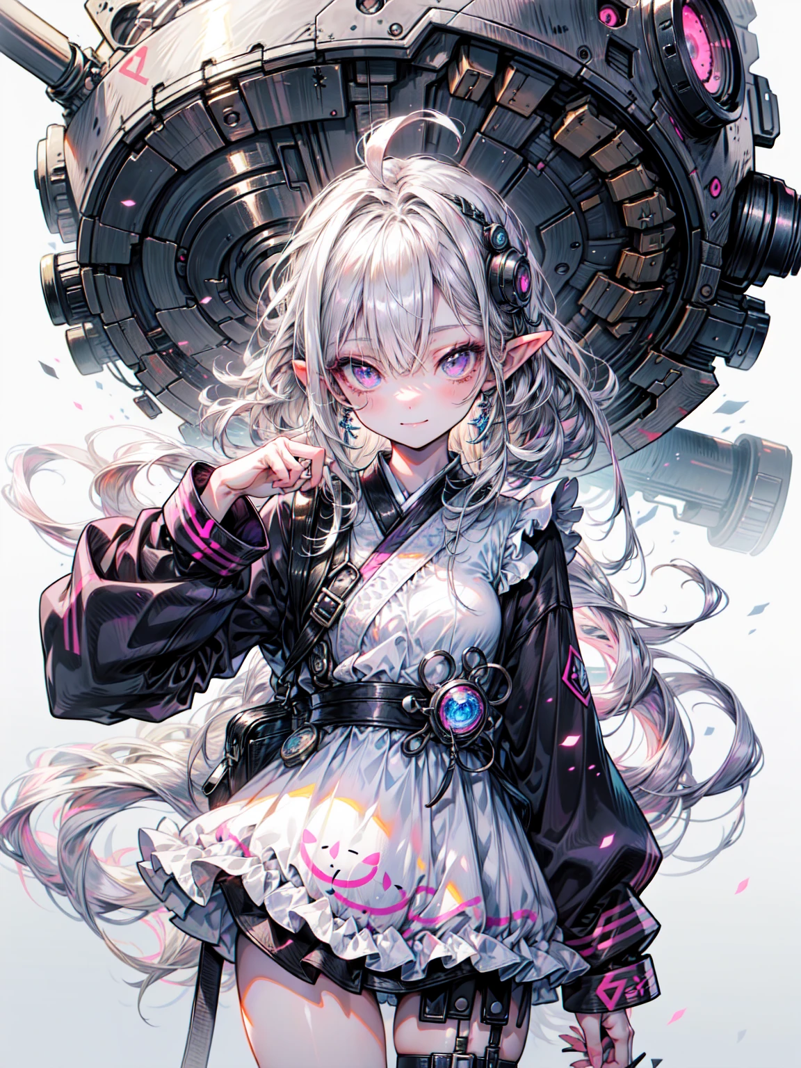 Cute Gal, dark, Japanese maid uniform with futuristic silhouette of a cyborg, Holding a samurai sword, whole body, Innocent Depression, Standing on a reflective surface against a minimalist light grey background、Cowboy Shot、Blake、非常にdetailed (Dark Elf), (1 Girl), alone, Perfect Face, detailed, Ahoge, ((Long Hair:1.2)), (Hair above one eye:1.3), [[Messy Hair]], Shiny blonde white hair, Purple eyes, Variegated eyes, Colorful Hair, Shining Eyes, Bright Eyes, Face imprint, (eyelash, eye shadow, pink eye shadow), smile, Design Art：haruhiko mikimoto, by Kawashi, By Yoshitaka Amano