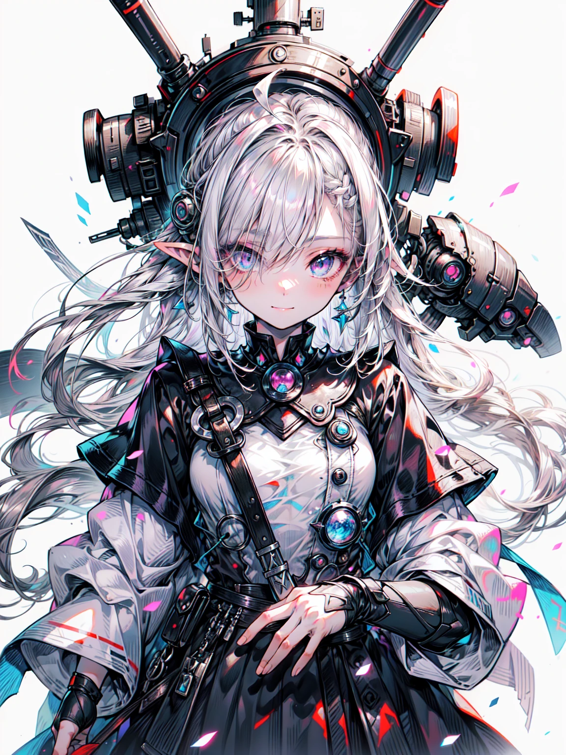Cute Gal, dark, Japanese maid uniform with futuristic silhouette of a cyborg, Holding a samurai sword, whole body, Innocent Depression, Standing on a reflective surface against a minimalist light grey background、Cowboy Shot、Blake、非常にdetailed (Dark Elf), (1 Girl), alone, Perfect Face, detailed, Ahoge, ((Long Hair:1.2)), (Hair above one eye:1.3), [[Messy Hair]], Shiny blonde white hair, Purple eyes, Variegated eyes, Colorful Hair, Shining Eyes, Bright Eyes, Face imprint, (eyelash, eye shadow, pink eye shadow), smile, Design Art：haruhiko mikimoto, by Kawashi, By Yoshitaka Amano