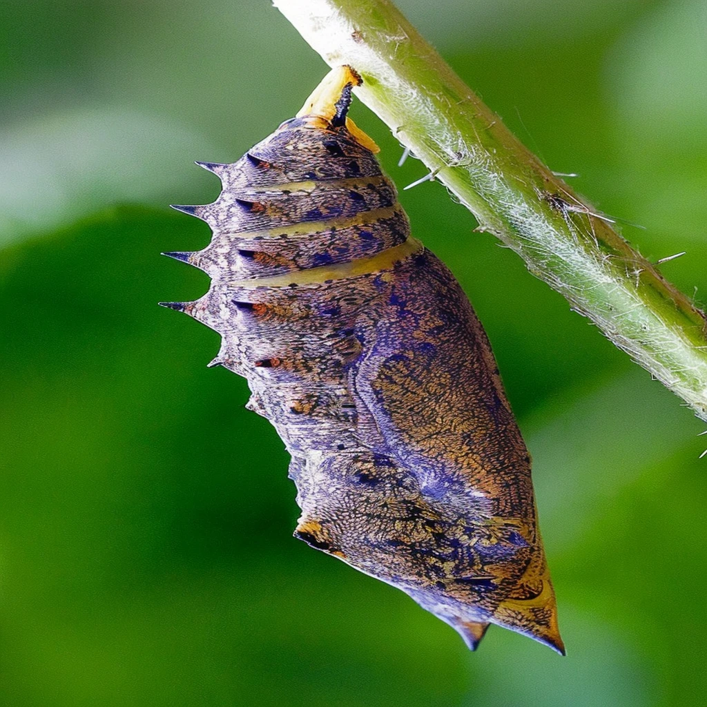 there is a butterfly cocode hanging from the stem of a plant, chrysalis, Macro view, larvae, left profile, macro photograph, por Robert Brackman, the caterpillar, close photo, by Jan Rustem, lateral view, close - up profile, lateral view, macro photo, macro photo, dew, Direction: Dave Allsop, lateral view, Mime