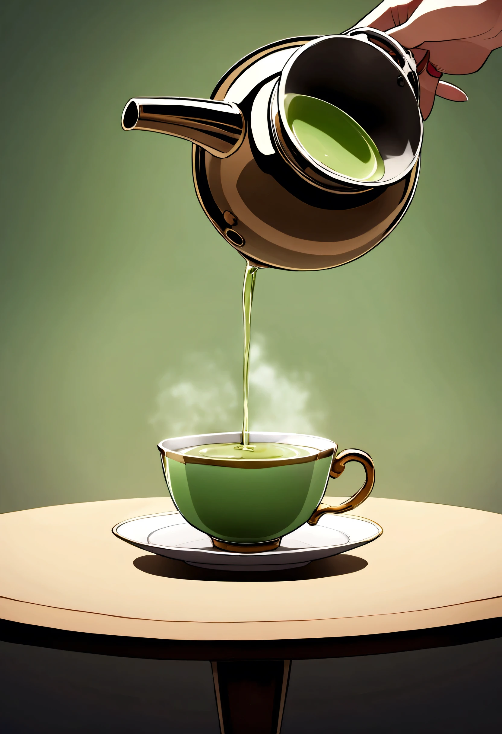Generate actor is having green tea, in font of her there are a cup of tea, hot tea kettle on the table, show presenter is pouring light green tea