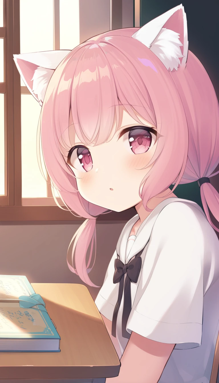 1Men, , short hair, Low Twintails, fuzzy twintails, Right-colored hair, cat ears, fluffy animal ears, pink eyes, classroom, window, book, table,chair, dawn, Portrait, upper body,children&#39;s toys