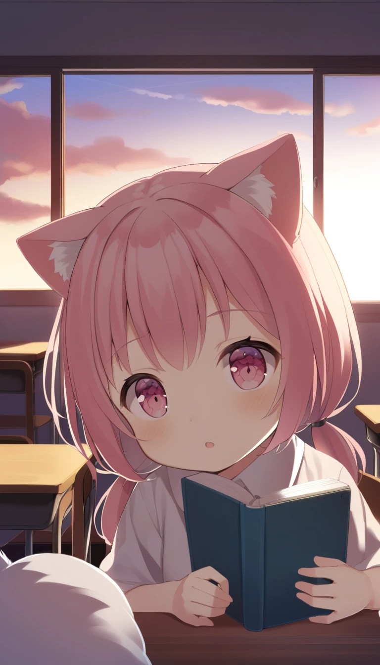 1Men, , short hair, Low Twintails, fuzzy twintails, Right-colored hair, cat ears, fluffy animal ears, pink eyes, classroom, window, book, table,chair, dawn, Portrait, upper body,children&#39;s toys