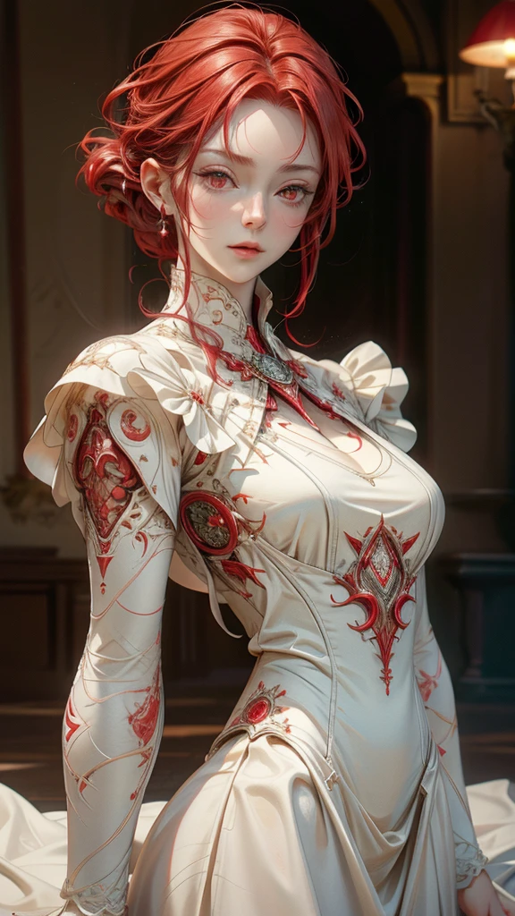a beautiful mature redheaded woman with striking red eyes, wearing a white dress, detailed realistic portrait, cinematic lighting, photorealistic, ultra detailed, 8k, highly detailed, dramatic lighting, soft focus, delicate facial features, perfect skin, elegant hairstyle, flowing dress, serene expression, simple background, elegant, ethereal