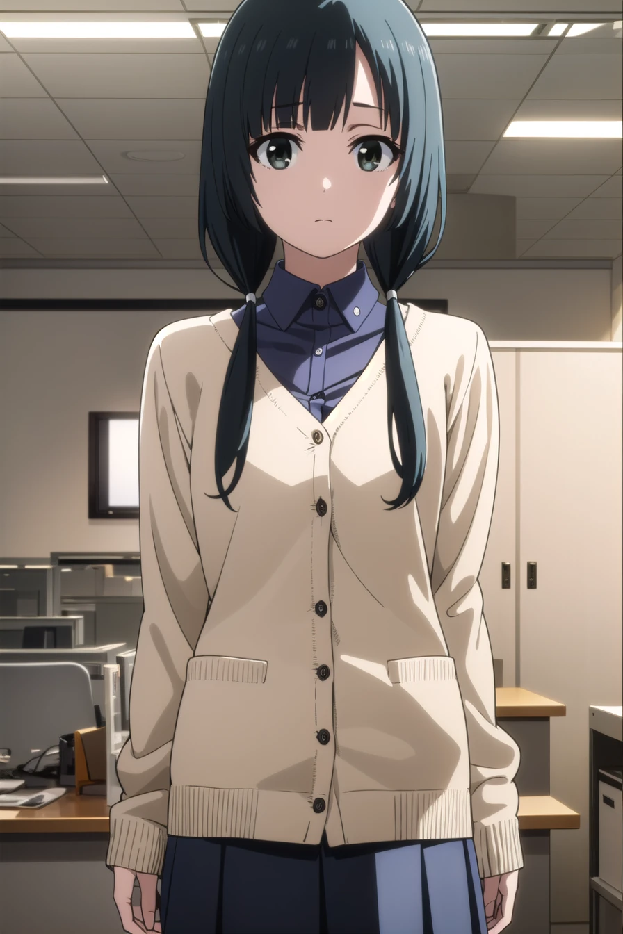 emayasuhara, ema yasuhara, Long Hair, Black Hair, Twin tails, (Iris:1.3), low Twin tails,
break skirt, , tie, cardigan, shirt, grey shirt, Black Skirt, yellow cardigan,
break indoors, office,
break looking at viewer, (Cowboy Shot:1.5), Dynamic pose,
break (masterpiece:1.2), Highest quality, High resolution, unity 8k wallpaper, (figure:0.8), (Beautiful attention to detail:1.6), Highly detailed face, Perfect lighting, Highly detailed CG, (Perfect hands, Perfect Anatomy),