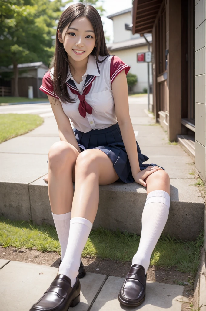 Pure Japanese school girl, sexual attractive, outstanding body, beautiful legs, shiny white skin, wearing loose uniform, panty, natural hairstyles, sweet smile, sitting on bench, refreshing in early summer morning, composition from the front, 