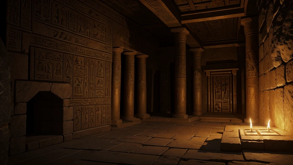 "An ancient tomb chamber adorned with hieroglyphs and carvings, where the sarcophagus of a revered patriarch rests. Torchlight flickers on the stone walls, illuminating inscriptions that speak of faith and lineage. The scene evokes a solemn reverence, reflecting the biblical phrase 'slept with his fathers' as a testament to the continuity of life beyond physical death."