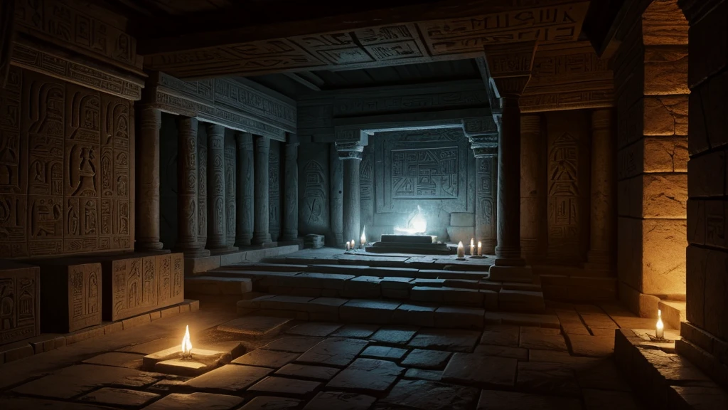 "An ancient tomb chamber adorned with hieroglyphs and carvings, where the sarcophagus of a revered patriarch rests. Torchlight flickers on the stone walls, illuminating inscriptions that speak of faith and lineage. The scene evokes a solemn reverence, reflecting the biblical phrase 'slept with his fathers' as a testament to the continuity of life beyond physical death."