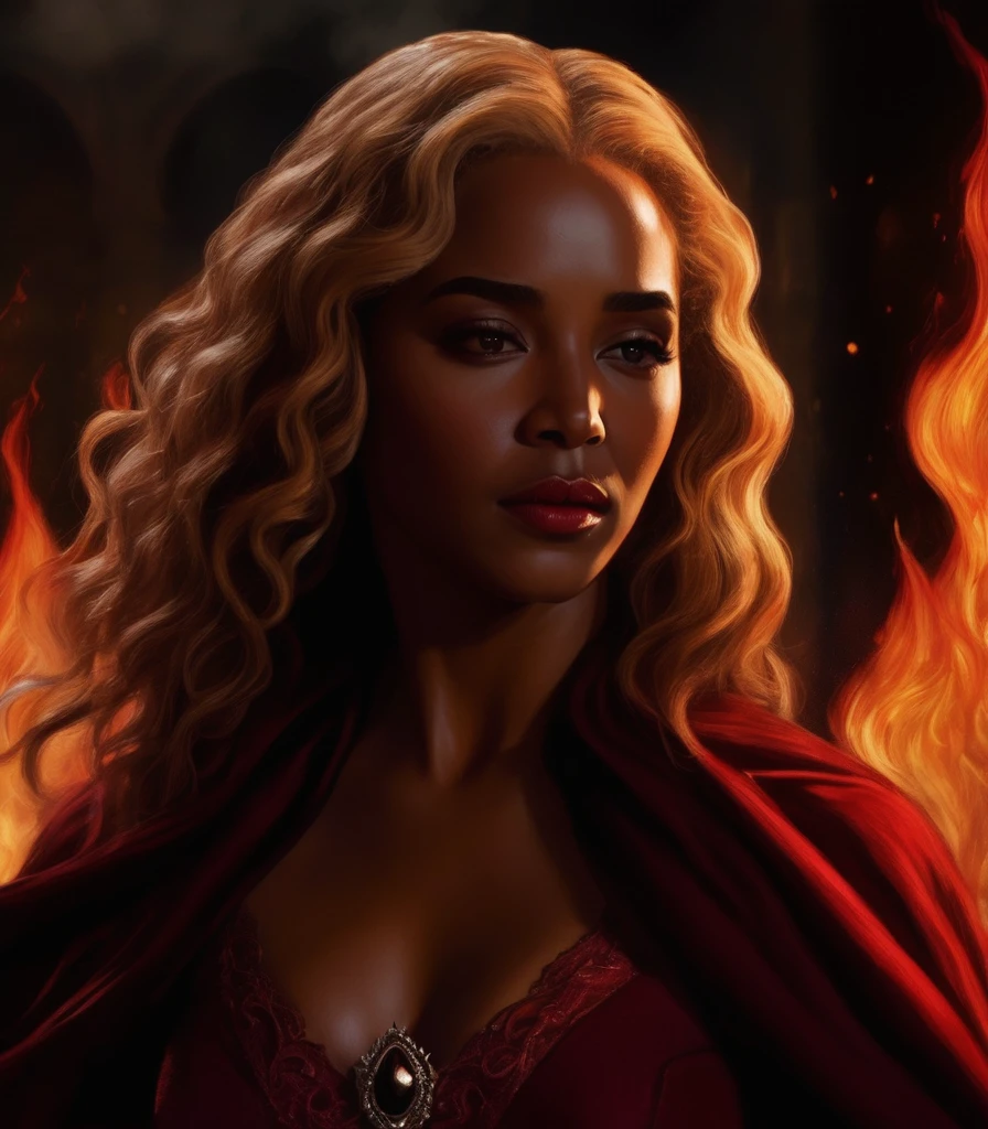 - Scene: Create an image of two people in love in a setting of mystery and passion.
- Woman's Appearance:
- Resembles Beyoncé
- Brown skin
- Long, golden blonde curly hair
- Confident and seductive expression
- Wearing a red dress, elegant and form-fitting
- Lips painted a deep, intense red
- Man's Appearance:
- Resembles Severus Snape
- Pale skin
- Large nose
- Black, straight hair falling around his face in a somber manner
- Serious and intense expression
- Wearing a black cloak, contrasting with the flames around them
- Atmosphere:
- Surrounded by flames, creating a mystical and fiery ambiance
- Soft lighting highlighting their faces, enhancing the sparkle in their eyes
- Flames adding an element of intensity and mystery to the scene
- They are close to each other, gazing intensely into each other's eyes, exuding a strong emotional connection