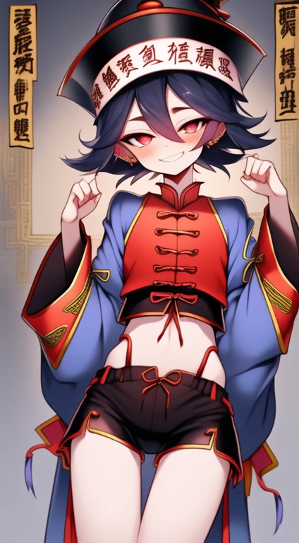 Best quality, Super detailed illustration, Warm colors, perfect lighting, (Jiangshi boy:1.6), (blue skin:2,6) , long shaggy unkempt hair ,Jiangshi clothing, long sleeves, black short shorts, open tummy ,open legs, tight clothing, Guangli hat ,smug smile, happy , a femboy, small waist, wide hips, slim, Perfect body, tricky glance, Scarlet eyes, black and lilac color of clothes