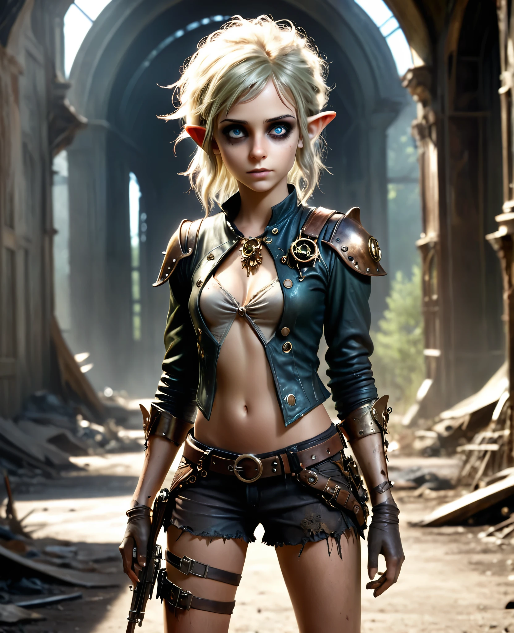 cute elf, (teenage elf with extremely cute eyes)), (((elf))), ((((high resolution))), (((extremely detailed))), ((masterpiece)), dramatic shadows, depth of field, analog photo style, (world in which are collide steampunk and postapocalyptic vibes), postapocalyptic cute female in steampunk aesthetic, torn dirty clothes, depth of field, full body shot, unzoomed, (perfect body: 1.4), (sidecut short hairstyle), (stalking is quite common, although not the best way to make a living), stylized atmosphere of unreality, dark atmosphere, dynamic pose, in motion, Armageddon, increase cinematic lighting, highly lifelike skin texture, parted lips, weary eyes, fine eyes, whitened skin, random hair colour, doomsday aura, (Mad Max world), (The Walking Dead world)