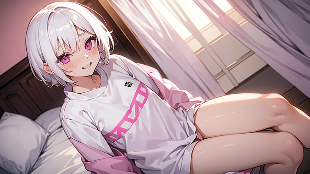 White Hair Girl、Pink Eyes、Short Hair、Only one girl、Night、In the bedroom、Blushing、laughing、Excited、Just One、Sitting on the bed、Wearing only underwear、Sweating、nsfw