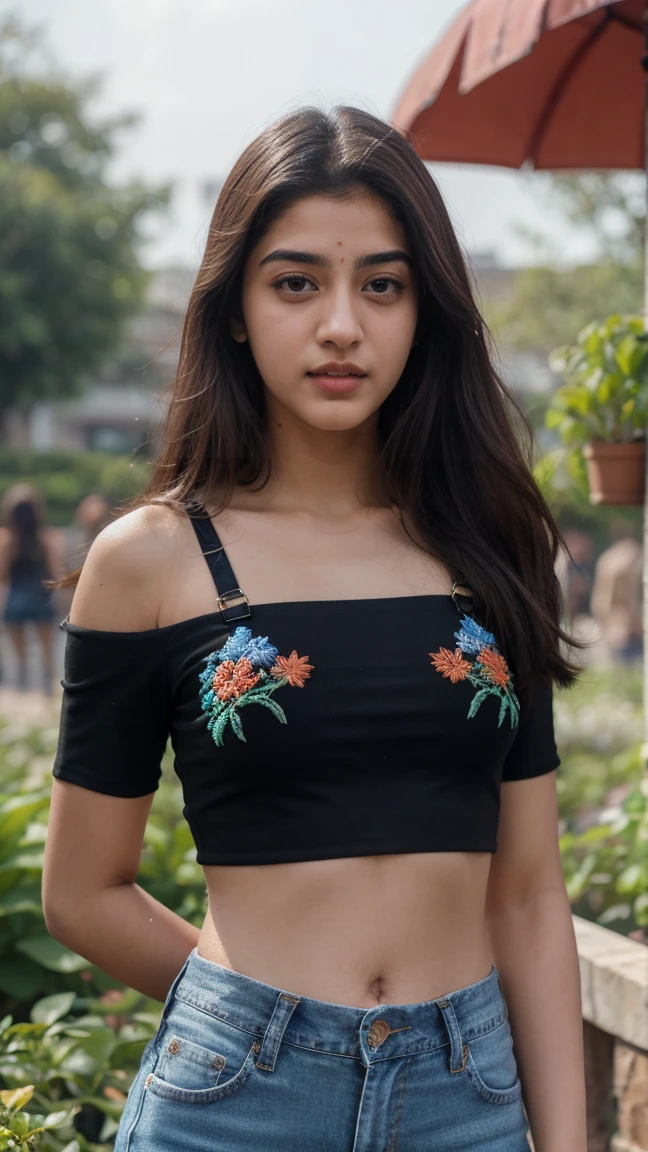 21 yo women Ananya Pandey wearing embroidery printed black crop top and jeans garden perfect anatomy, ultra detailed face and eyes, ultra sharp HDR, realistic realism, 8k