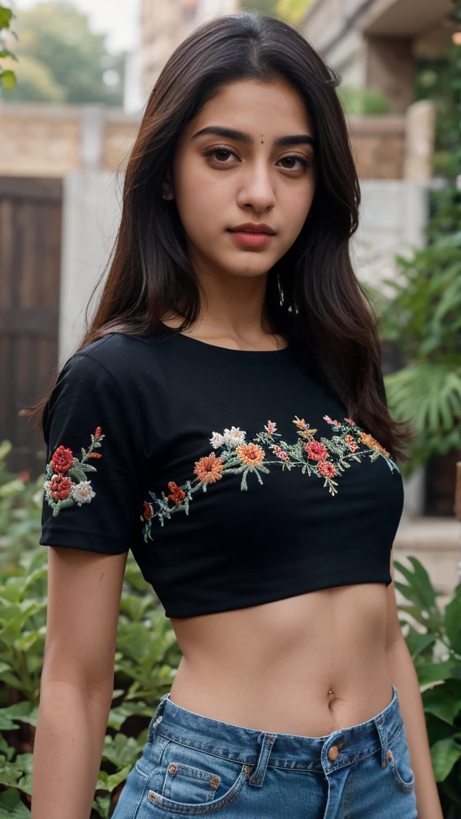 21 yo women Ananya Pandey wearing embroidery printed black crop top and jeans garden perfect anatomy, ultra detailed face and eyes, ultra sharp HDR, realistic realism, 8k