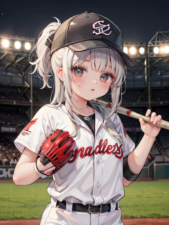 masterpiece, Highest quality, Very detailed, 16K, Ultra-high resolution, ****************, Detailed face, Black eyes, Silver Hair, holding baseball bat, baseball uniform, baseball cap, Stadium, baseball, baseball mitts, Batter Box, swing