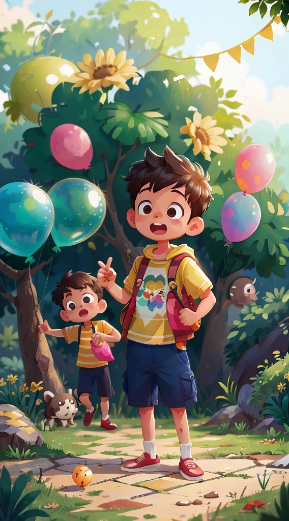 A boy, zoo, many balloons, happy, happy, perfect quality, clear focus (clutter - home: 0.8), (masterpiece: 1.2) (realistic: 1.2) (bokeh) (best quality) (detailed skin: 1.3) (complex details) (8K) (detail eyes) (sharp focus), (happy) full body, two children, clean background, long view composition, 85MM SHOT