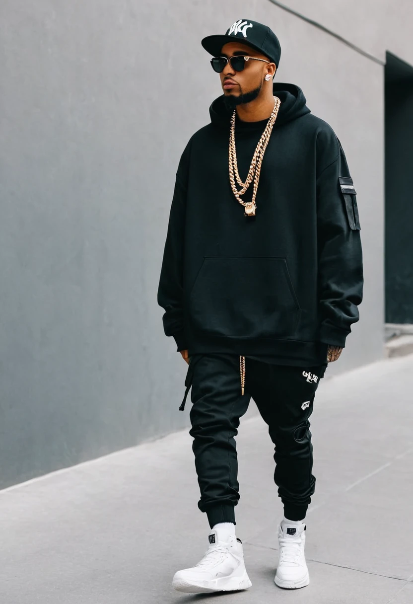 rap singer walking in streetwear clothes