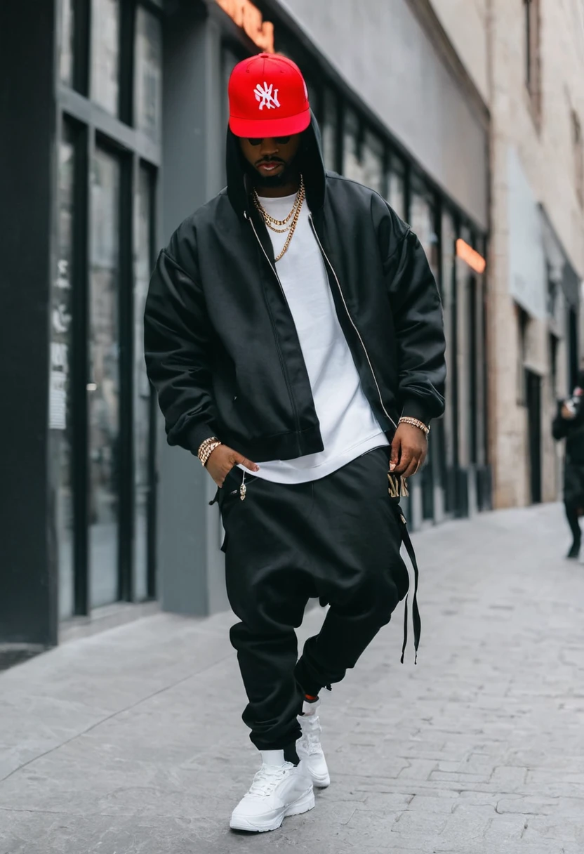 rap singer walking in streetwear clothes