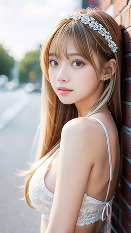 Sexy Big 、Sexy cute looks and cute  beautiful girl, beautiful and sexy face、A strong wind blows my hair in front of my face、With straight blonde hair、beautiful, Cute and sexy eyes hidden behind long bangs、Cute Lace Queen