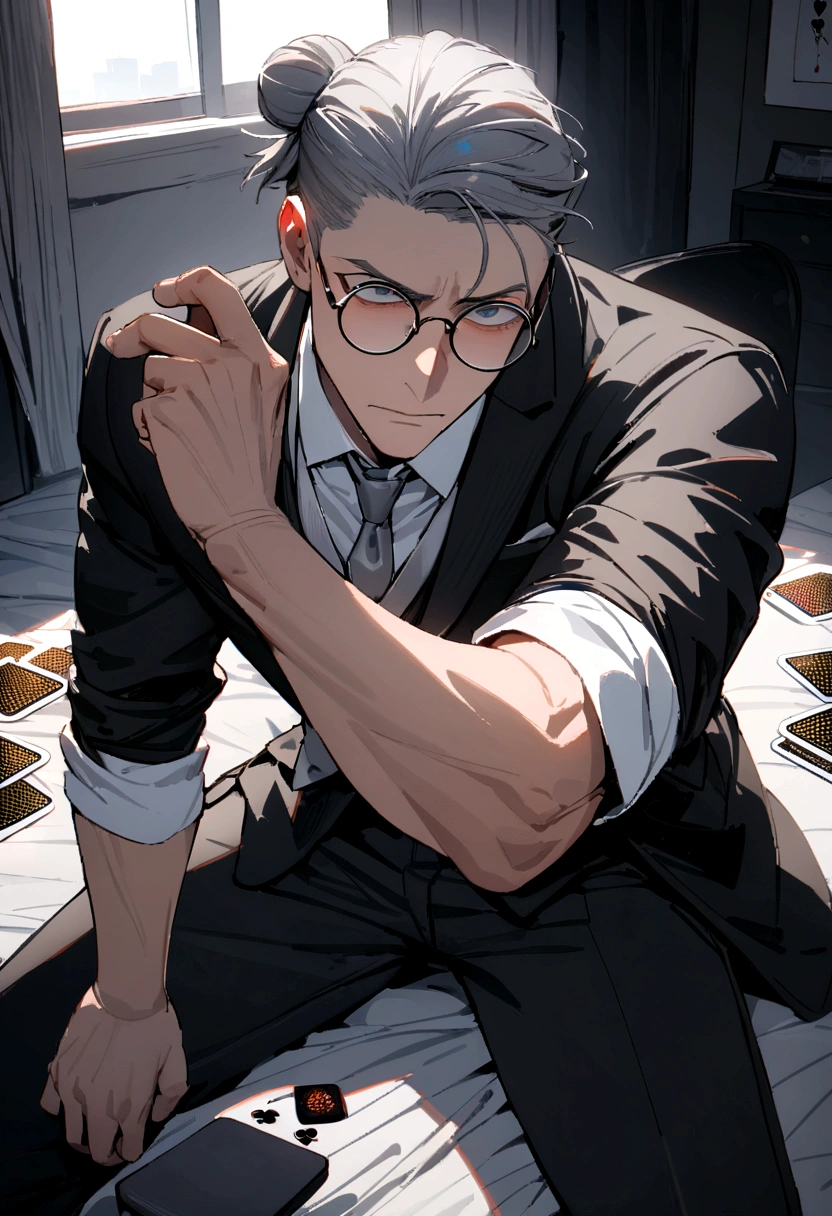 hd, ultra detailed, 8k quality, high quality, masterpiece, 1 boy, single, gray hair, man bun, round glasses, black suit, gray tie, white t-shirt, black pants, hitman vibe, black playing cards, taro sakamoto