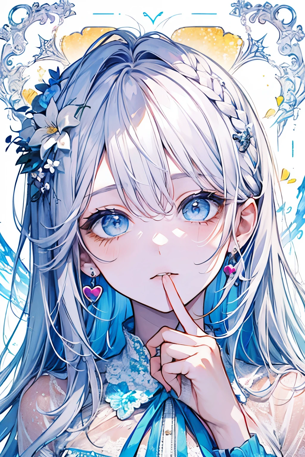 ((17 year old male:1.2)), masterpiece, Highest quality, Braid, Silver Hair, (Half Up、Half down hair:1.1),(Portraiture),white wedding dress,(Pop and cute floral background), (Perfect hands),(Light blue,yellow,white),Look ahead,((big and gorgeous earrings:1.1)),(close your eyes, Waiting for a kiss:1.35),((Put your hand to your mouth:1.2)),((Upper Body)),((look up:1.2)),((heart:1.2))
