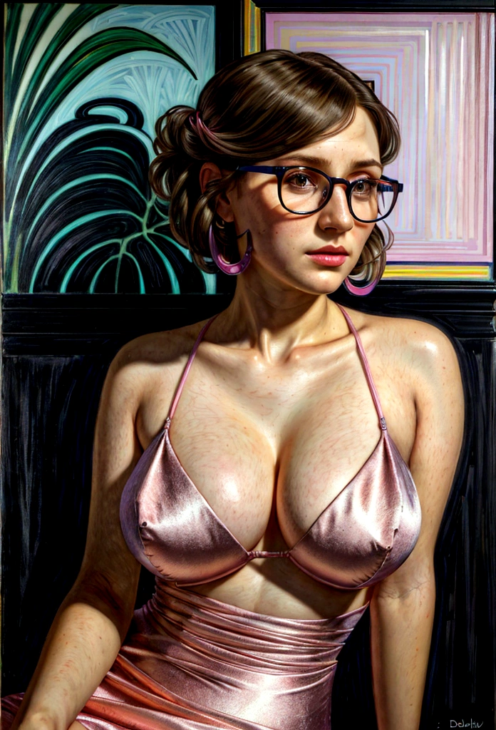 Portrait of a well dressed female aroused hyperrealist by David Hockney and Alphonse Mucha, photorealistic, dynamic lighting, art station, poster, volumetric lighting, highly detailed face, 4k, award-winning, 1woman, darkness, deep shadows, low key, portrait, (((((Doctor: 1.4)))), shorthair, Teal and Pink mixed hair, glasses, Big breasts, looking straight at the viewer,
