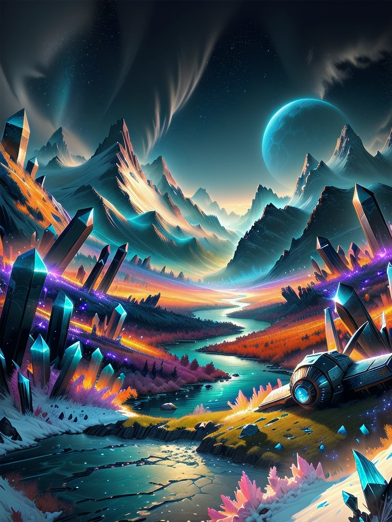 painting of a mountain landscape with a river and a mountain range, a lot of sharp crystals grow from the ground, accumulations of crystals over the entire surface, it is dangerous to injure yourself, Highly detailed 4K digital art, just a joke, background image, stunning artwork in 8k, Detailed 4K digital art, lush alien landscape, beautiful art uhd 4 k, Sci-fi fantasy wallpapers, beautiful alien landscape, alien landscape, Turbulent alien bright landscape, Epic fairytale fantasy landscape, even more crystals, even more crystals, a lot of crystals, even more crystals