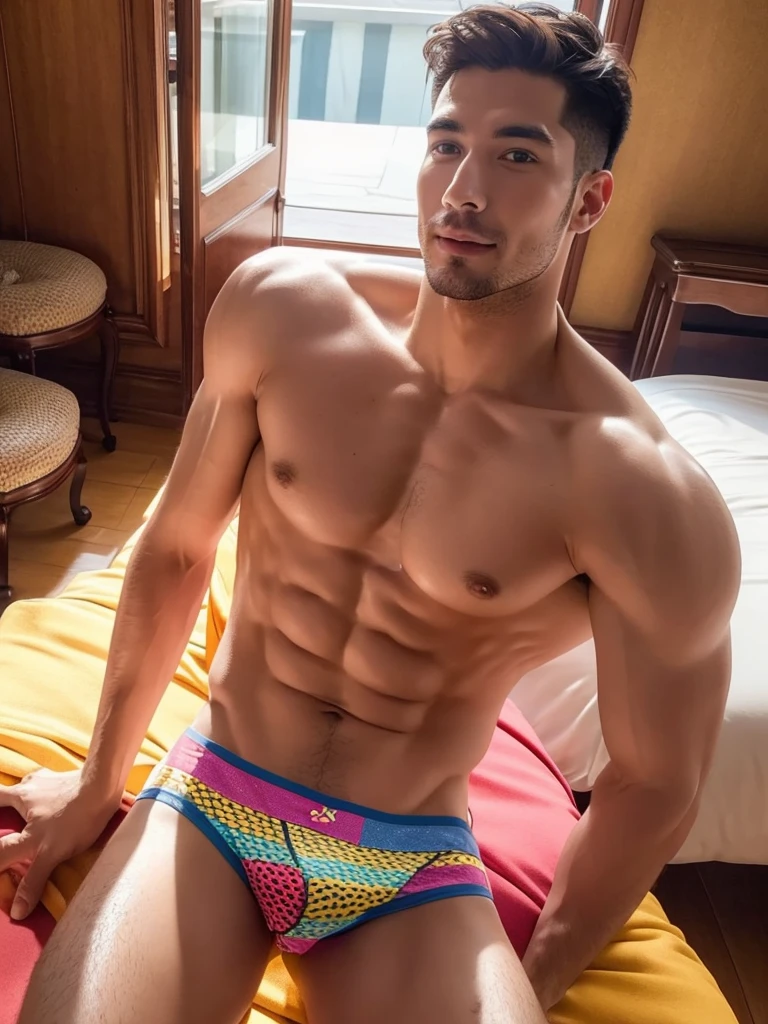 sporting a colorful, without a shirt, wearing a pair of (((bikini men's underwear))), taking a playfully exaggerated selfie in a luxuriously appointed room.