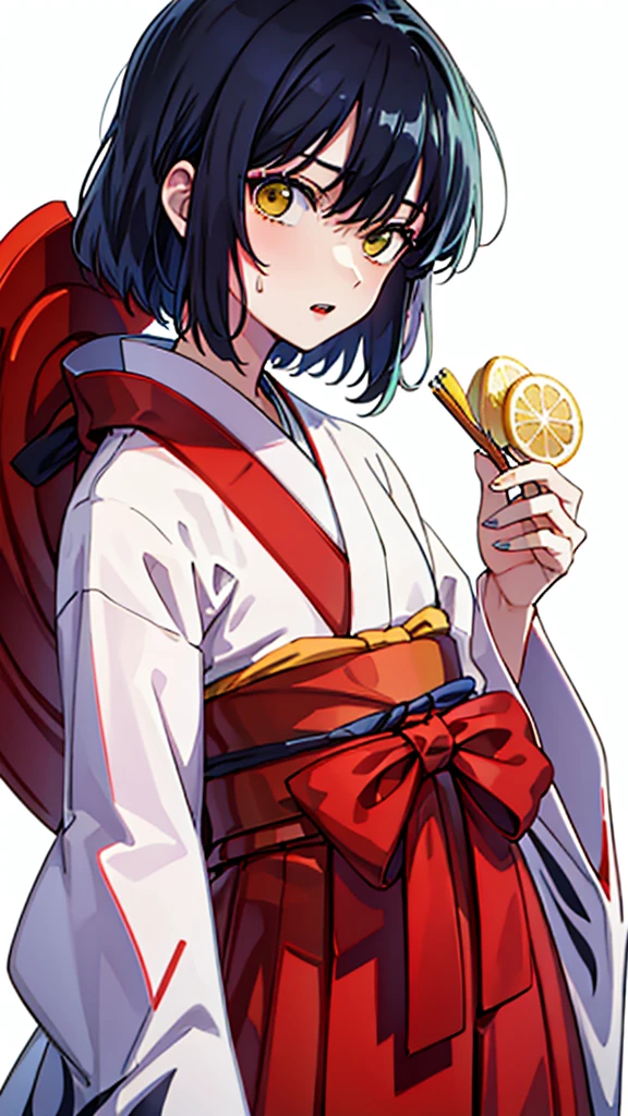 (highest quality:1.2), Very detailed, digital coloring, High Contrast, (masterpiece:1.2), highest quality, Best aesthetics, wallpaper, (detailed background), japanese background, looking side glance, cowboy shot, dutch angle, a man, male focus, otoko no ko, black shiny, short hair, flat chest, (cold stare), lemon yellow eyes, Meticulous Eyelash Details, (beautiful detailed face, beautiful detailed eyes), (hot gaze, Hot, Glossy, Leaking sigh), kimono, hakama, traditional Japanese culture