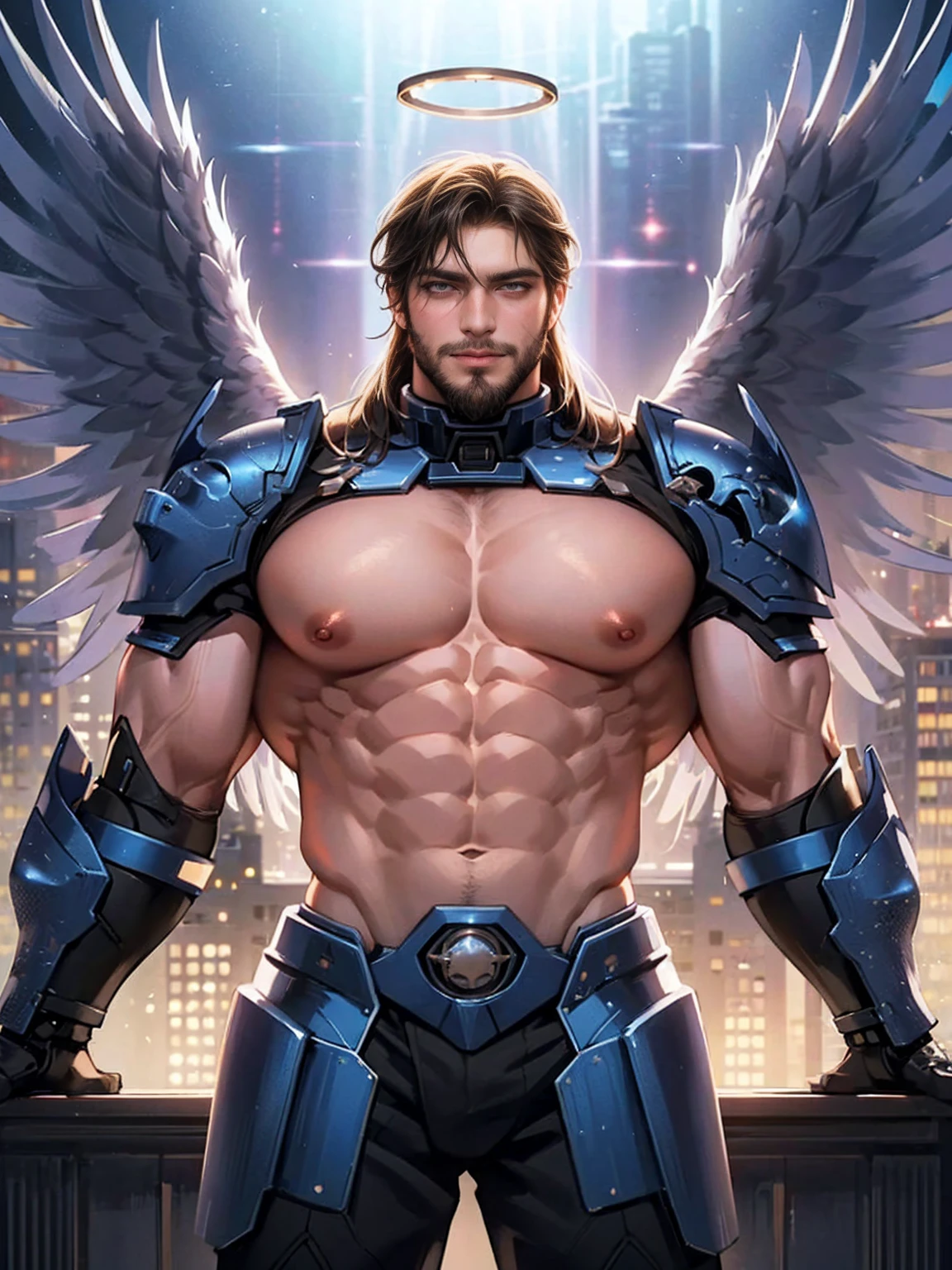 1boy, photo of a man, beard, mecha angel, glowing 4 wings, solo, glowing armor, glowing halo, building, glowing mechanical 4 wings detailed, light passing through hair, realistic, highly detailed, realistic eyes, intricate details, detailed background, depth of field, muscular, (big muscles:1.2), (large pectorals), (puffy nipples)