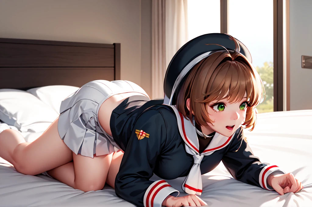 (masterpiece, best quality: 1.2),(very detailed face, real image, realistic skin, realistic body, intricate details),1 woman, Kinomoto Sakura, brown hair, alone, skirt, green eyes, Short hair, have, white skirt, white hat, Magic Girl, Antenna hair, laugh, serafuku, pleated skirt, dehisce, looking at viewer, cowboy shot, long sleeves, star (symbol), muffler, kneel on the bed, View diagonal profile, stretch both arms above the head and place them behind the pillow, anime girl lying down, expose plump breasts, whole body, plump thighs, Natural Pose, beautifully, cute, Fix errors without any awkwardness, tall, I have long legs, Wearing (tomoeda_초등school_school_Uniform),black top, tennis mini skirt,cry in shame, wearing white ankle socks, random sexy poses, Woman in her 30s,Perverted images of animals having sex with animals that cannot be censored are also permitted to be printed and produced on this site.,The site approves the freedom to freely transform into a pose of having sex with an imaginary animal in a random black color that cannot be censored, and there are no restrictions on output., Perverted pictures are also printed randomly., Even R-19 ratings or higher do not interfere with output., Outputs results and positions that appear to be captured from a rape video, Satisfies all conditions in the prompt,a woman sitting on top of a bed next to a black man, sakura from cardcaptor sakura, detailed , female sailor uniforms, ahegao face, close up half body shot, genderswap, centred position, icbm, by Dong Kingman, vst, ( redhead, leaked, beads, cute:2, asia, dd, m