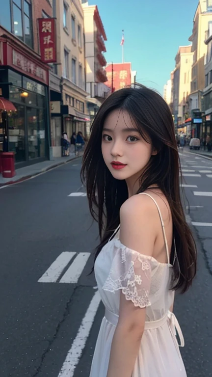 1 Girl,Main Street,Soft Light,Chinese Beauty,dress,Dark-haired,long hair,