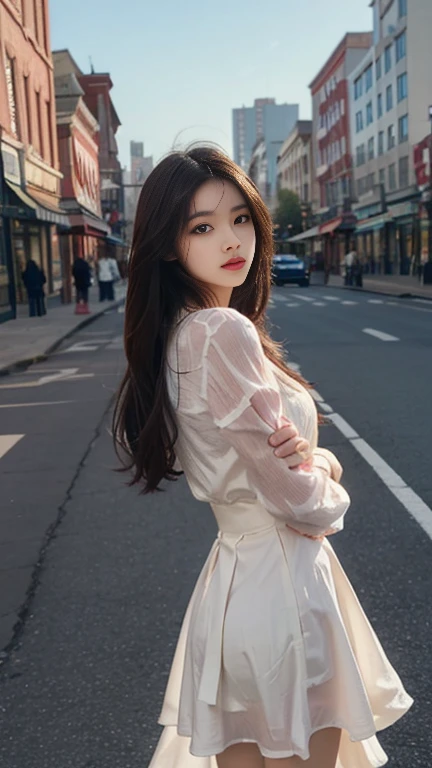 1 Girl,Main Street,Soft Light,Chinese Beauty,dress,Dark-haired,long hair,