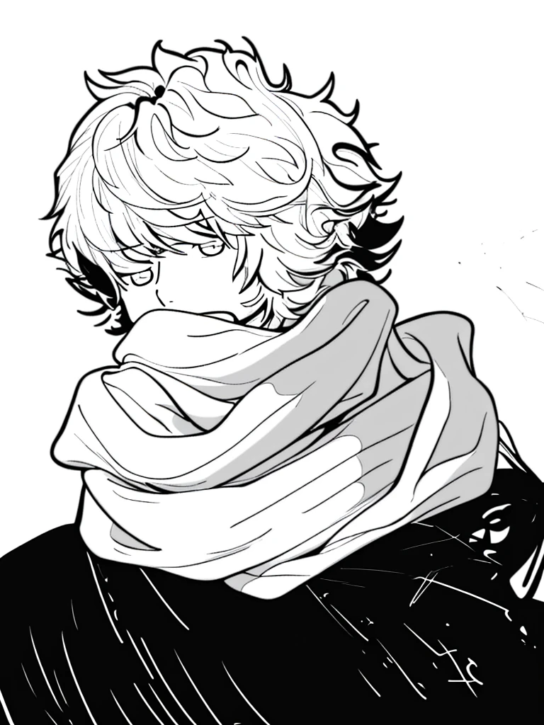 white fluffy messy hair, boy, black and white, staring at viewer, messy clothing, male, scarf over mouth