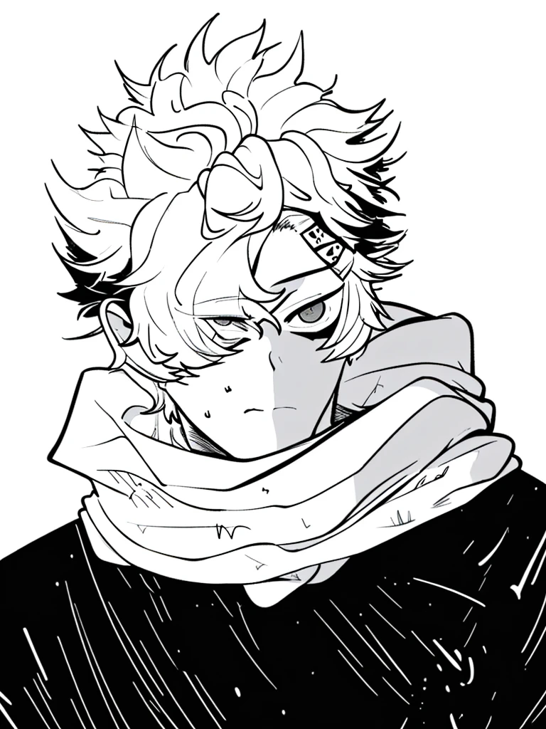 white fluffy messy hair, boy, black and white, staring at viewer, messy clothing, male, scarf over mouth