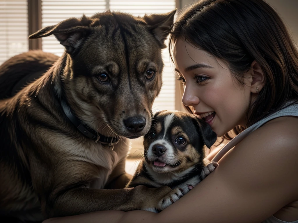 lovely family with their dog, deep color, realistic, wide screen, intricate detail, splash screen, complementary colors, realistic concept art, Unreal Engine 5 volumetric lighting, dynamic lighting hyperdetailed, happy and emotional