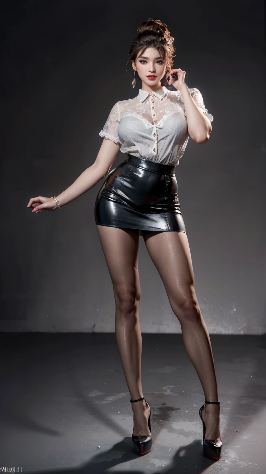 (masterpiece, best quality, Realistically, Work, Ultra Detailed, 8k), ((Wide-angle lens, Full body female)), 1 girl,Light makeup,Exquisite facial features,Smile,Exquisite hairstyle, Large Breastetal-framed glasses,Correct finger structure,Work服,Lace shirt,Short leather skirt,Hip-hop style,fWorknet tights,Light brown hair, Hair behind the ears, Pompadour hairstyle, curls, Medium, Heart Earrings, ,Stand in front of you ,Facing the audience,Full body portrait,Gray background