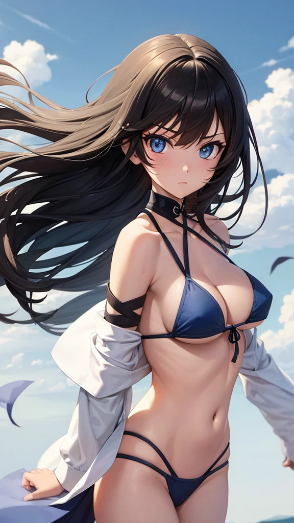 girl, full body,magician, blue sky, white cloud, symmetrical eyes, (beautifully detailed body, face, eyes), (slim body), (slender body), (best hair:1), black hair, messy hair, long hair blowing in the wind, (detailed facial features), perfect face, soft face, detailed clothes, bikini,