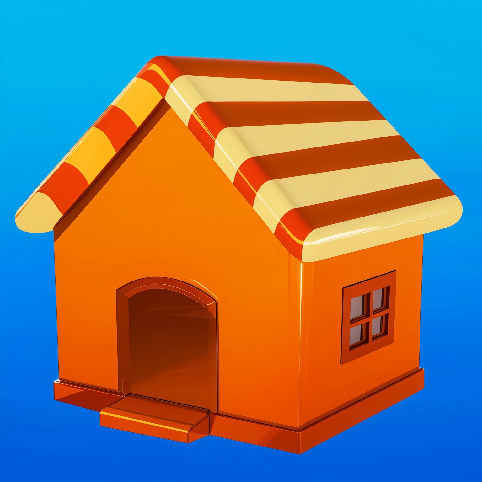 red orange house This image features a glossy yellow house with sharp, reflective surfaces that give it a polished and shiny appearance. The house red orange house has a modern design with simple, square shapes and distinct angles, adding to its sleek look. The vibrant blue roof contrasts beautifully with the red orange house yellow walls, creating an attractive and colorful combination. The windows and door are framed, enhancing the overall aesthetic of the house. The glossy red orange house surfaces reflect light, giving the house a dynamic and vibrant look. The house appears minimalist and toy-like, with its straightforward, square design and bright colors making it unique and appealing. мультяшный рендеринг ключевого кадра, милый 3D рендеринг,,Create ultra sharp цветной рендеринг zbrush. perfect cgi, cgi art created only with gradients, smooth silhouette, Create ultra red orange house sharp skin, high intensity refraction, (plastic material), most beautiful vfx, blue background, plastic refractions, glossy texture, smooth 3d model, multiple light sources, rim light, sharp post effects render, (glossy plastic texture with multiple big light probe refractions), perfect cgi, cgi art created only with gradients, smooth silhouette, high intensity refraction, (plastic material), most beautiful vfx, blue background