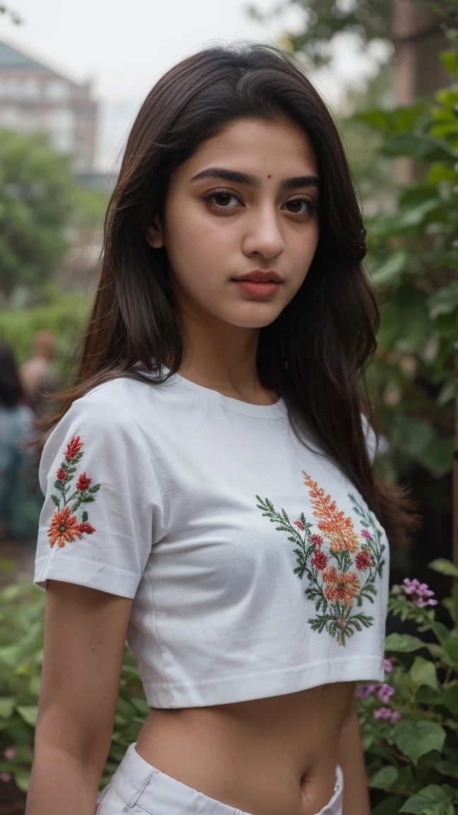 21 yo women Ananya Pandey wearing embroidery printed black crop top garden  perfect anatomy, ultra detailed face and eyes, ultra sharp HDR, realistic realism, 8k