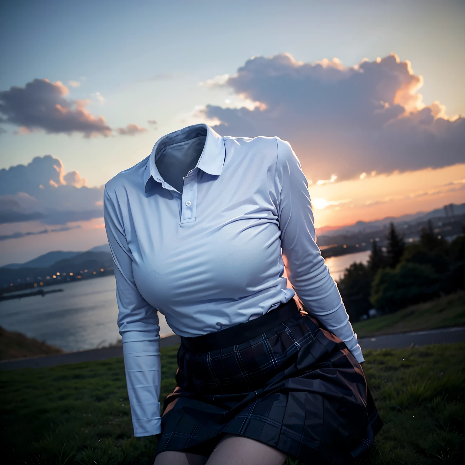 hand between legs, ((from side)), leaning forward, long sleeve, have to pee, leaning forward, polo shirt, plaid skirt, fat, chubby, cute big breast, (invisible, no human, headless, handless:1.5), (8k, RAW photo, best quality, masterpiece:1.2), (realistic, photo-realistic:1.37), photon mapping, radiosity, ((Hasselblad photography)), physically-based rendering