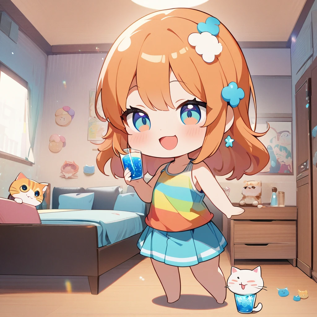 masterpiece、Highest quality、Depth of subject、2D illustration、1 beautiful girl、独奏, (((chibi style)))、((Long, beautiful hair))、Shiny orange hair、cute、Beautifully detailed eyes、((Tank top))、a glass of blue soda, ((colorful))、mini skirt、((happy smile))、((kitten cluster)), ((full body shot))、((in the room))、((There's a lot of pink around))、((vivid color))、sparkle、((Lens flare))、